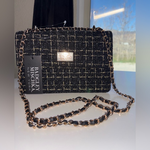 Badgley Mischka Handbags - Badgley Mischka Black Tweed Chain Crossbody Bag NWT